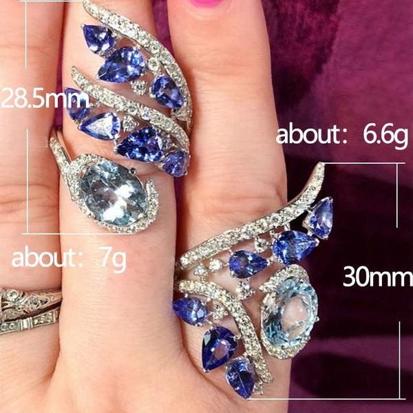 New jewelry personalized creative blue zircon ring new European and American sapphire blue water drop crystal versatile ring jewelry