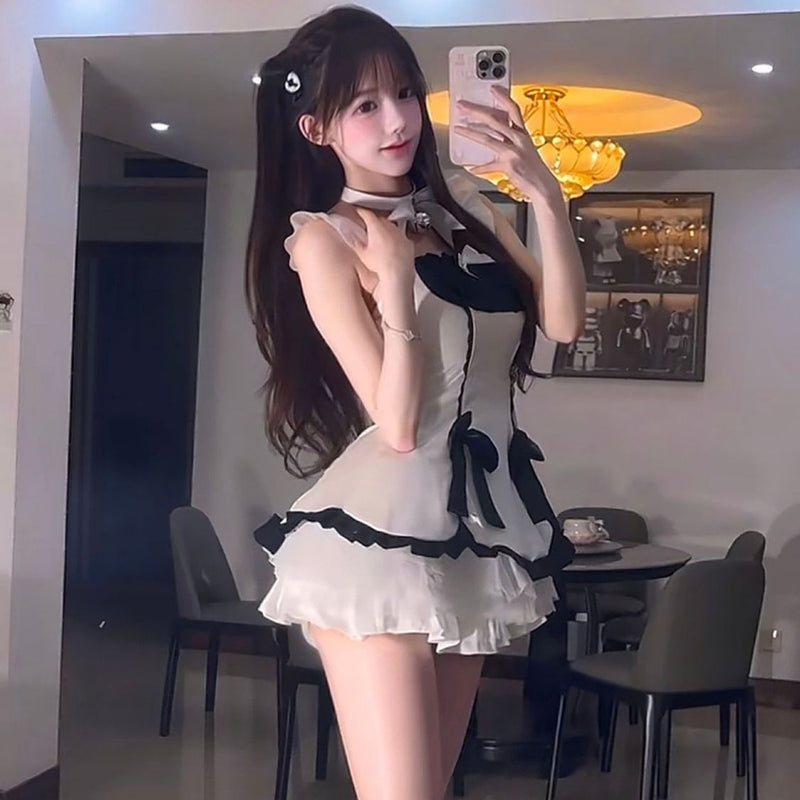 Pure Desire Style Sexy Hot Girl Patchwork Temptation Uniform Short Dress Halloween Bowknot Youthful Cute Set