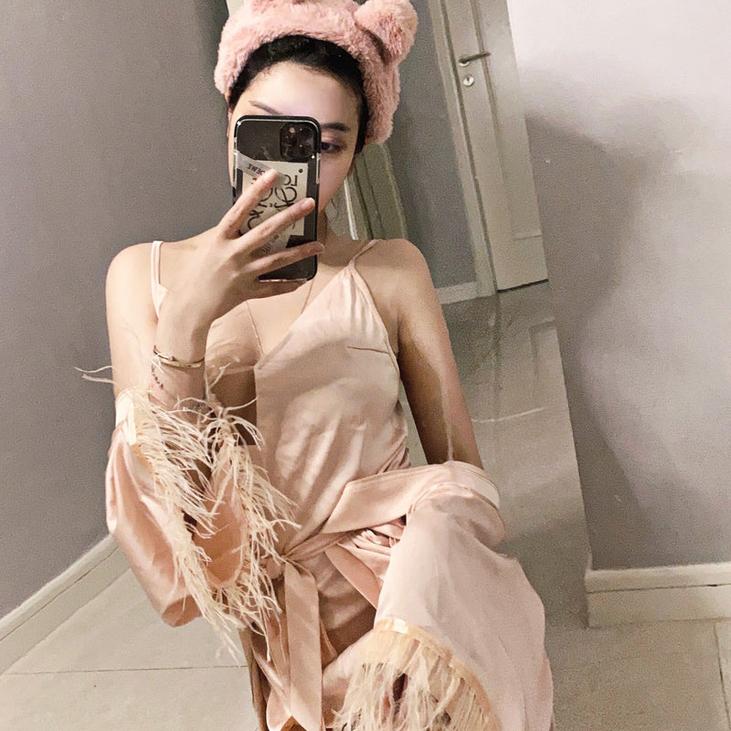 French niche design lady gentle and sexy suspender nightdress set satin temperament feather nightgown loungewear women