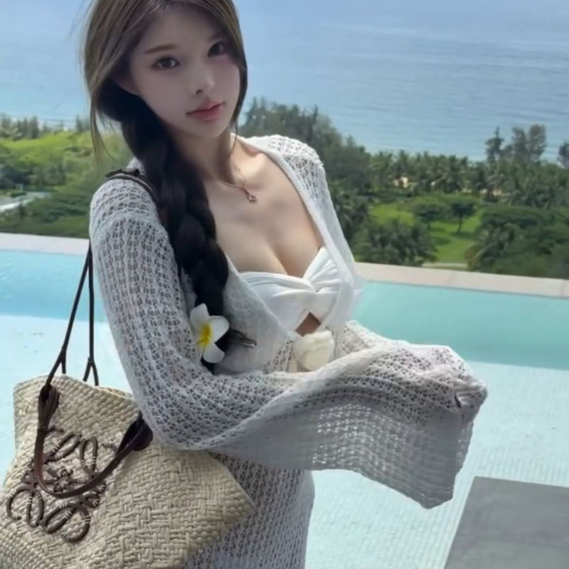 Pure Desire Style Sexy Hot Girl Hollow Out Knitted Long Dress Hollow Out V-neck Beach Dress Three-dimensional Flower Low-cut Long Dress