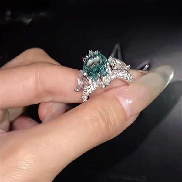 Weave carved gold malachite green egg rhinestone ring designer zircon hummingbird luxury lady ring thousand gold rings