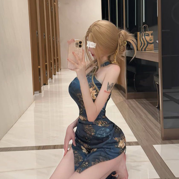 New Chinese Style National Style Exquisite Improved Cheongsam Floral Halter Neck Dress for Women Spring Summer Elegant Sexy Bodycon Long Dress
