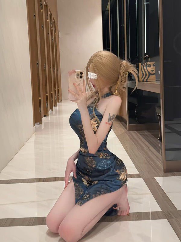 New Chinese Style National Style Exquisite Improved Cheongsam Floral Halter Neck Dress for Women Spring Summer Elegant Sexy Bodycon Long Dress