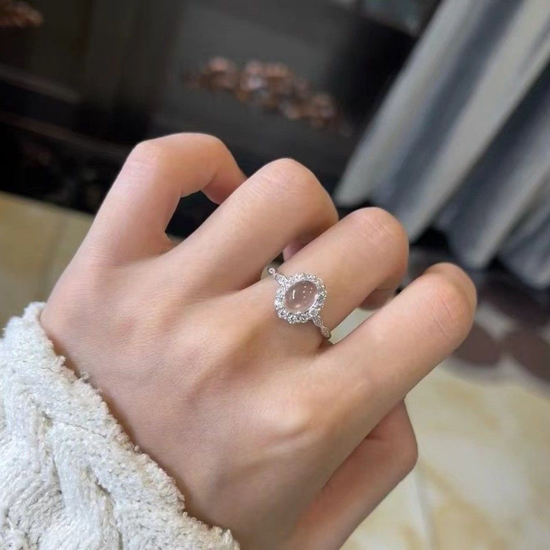 Natural ice-through agate white chalcedony ring women's Chinese retro temperament oval egg surface open ring