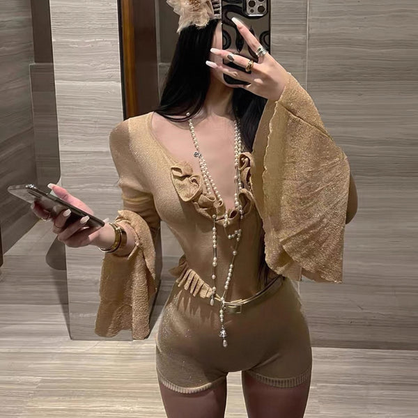 Pure Desire Style Sexy Hot Girl Bodysuit Women New Slim Fit Long Sleeve 3D Flower Base Shirt Bodysuit Shorts Fashion Autumn