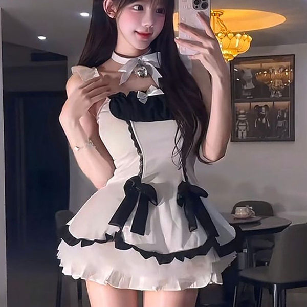 Pure Desire Style Sexy Hot Girl Patchwork Temptation Uniform Short Dress Halloween Bowknot Youthful Cute Set