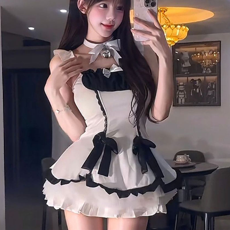 Pure Desire Style Sexy Hot Girl Patchwork Temptation Uniform Short Dress Halloween Bowknot Youthful Cute Set