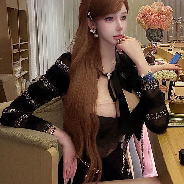 Pure Desire Style Sexy Hot Girl Hollow Lace Patchwork Long Sleeve Top Bow Tie Versatile Black Slimming Top