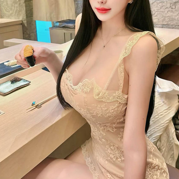 Pure Desire Style Sexy Hot Girl Lace Patchwork Design Small Flutter Sleeve Dress Slim Fit Bodycon Short Dress for Women