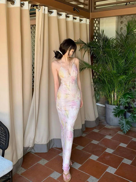 Pure Desire Style Sexy Hot Girl Floral Strap Dress Women Summer Vacation Slim Beach Backless Butterfly Bodycon Long Dress