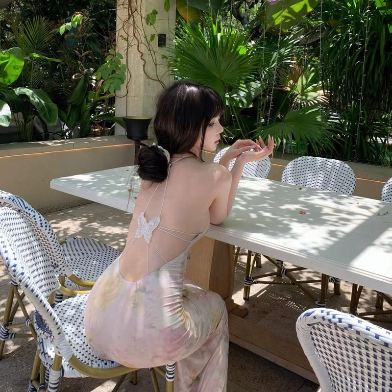 Pure Desire Style Sexy Hot Girl Floral Strap Dress Women Summer Vacation Slim Beach Backless Butterfly Bodycon Long Dress
