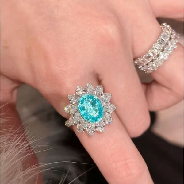 Rich daughter gold wind light luxury egg surface rhinestone ring full of diamonds sunflower shape Japan and South Korea cold malachite green advanced ring