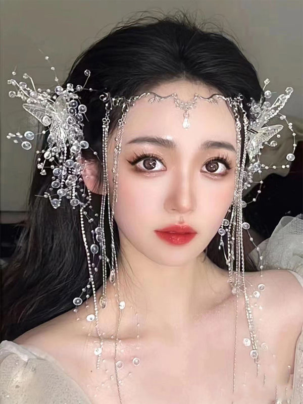Bridal Hair Accessories Fairy Eyebrow Pendant Bow Tassel Pearl Hair Clip Female Fairy Mori Style Crystal Tassel Hair Accessories