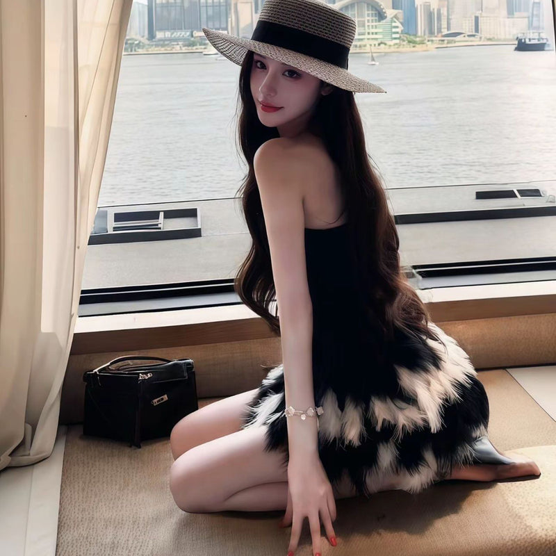 Pure Desire Style Sexy Hot Girl Black Low-Cut Tube Top Dress Summer Slimming Bodycon Furry Color Block Fashion Short Dress
