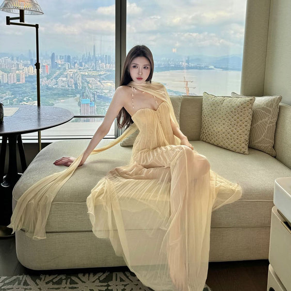 Pure Desire Sexy Spicy Girl Strapless Dress Women Summer Vacation Elegant Beach Dress Beach Long Dress Mesh Dress