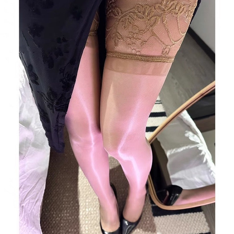 [2377 People Collected] Aurora Lace Trim Long Tube Socks Black Silk Silicone Non-Slip Toe Transparent Sexy Glossy Stockings Over-the-Knee Socks Pure Desire