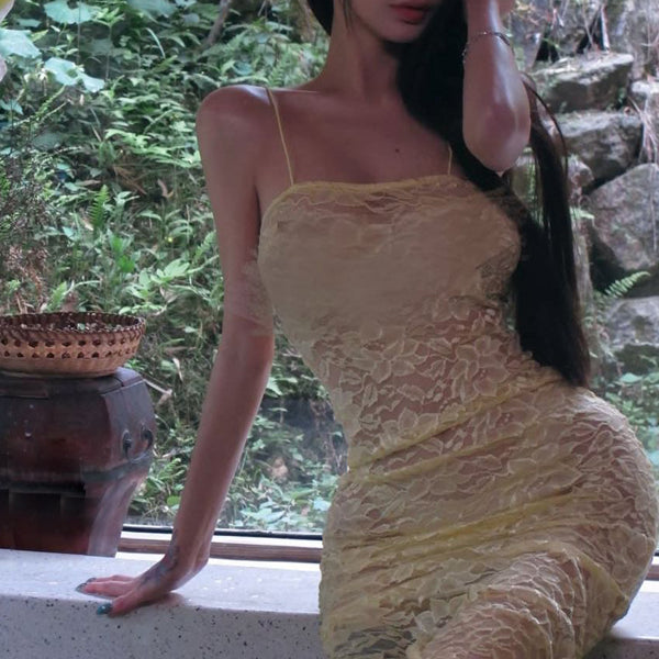 Pure Desire Style Sexy Hot Girl Yellow Halter Neck Dress for Women Summer Beach Vacation Slimming Beach Bodycon Long Dress