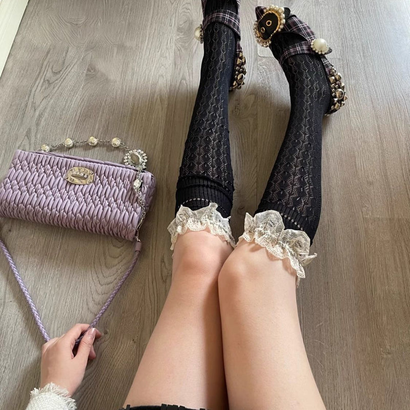 Summer Thin Lace Trim Sexy Long Tube Socks Floral Hollow Breathable Hot Girl Thigh High Versatile Over-the-Knee Slouch Socks
