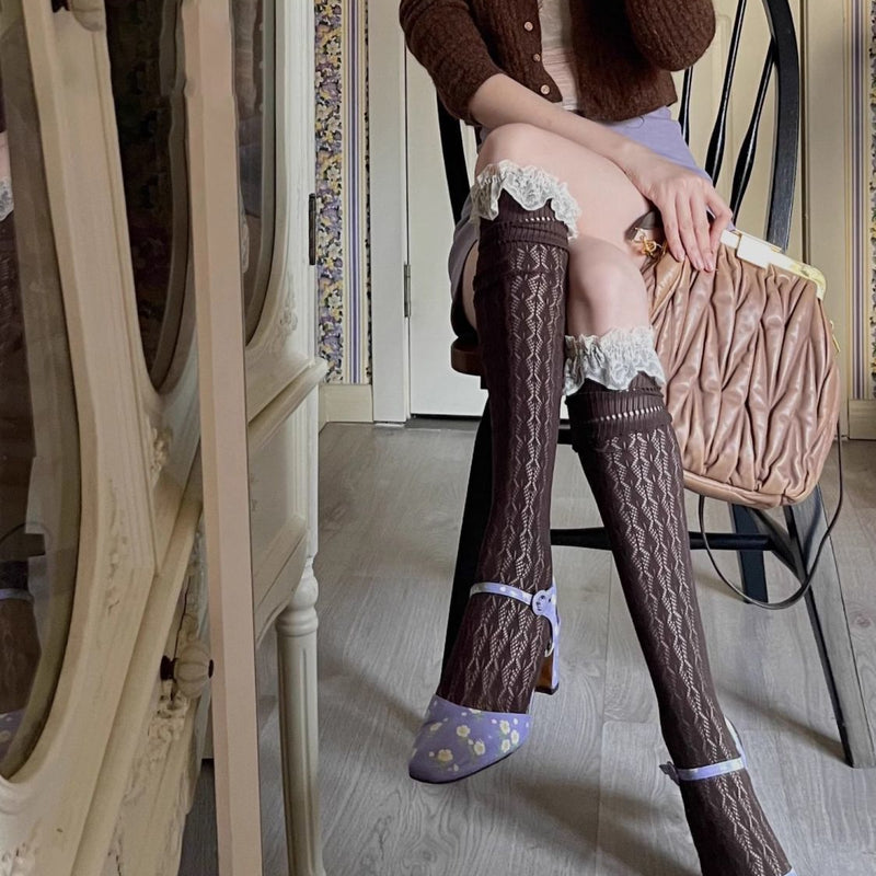 Summer Thin Lace Trim Sexy Long Tube Socks Floral Hollow Breathable Hot Girl Thigh High Versatile Over-the-Knee Slouch Socks