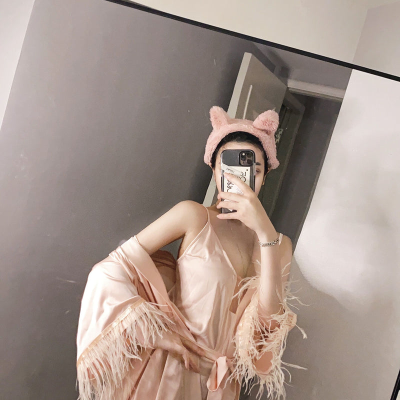 French niche design lady gentle and sexy suspender nightdress set satin temperament feather nightgown loungewear women