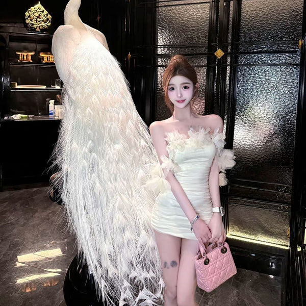Pure Desire Style Sexy Hot Girl Three-Dimensional Flower Off-Shoulder Dress Women Summer Crop Top Slim Fit Bodycon Short Dress Summer