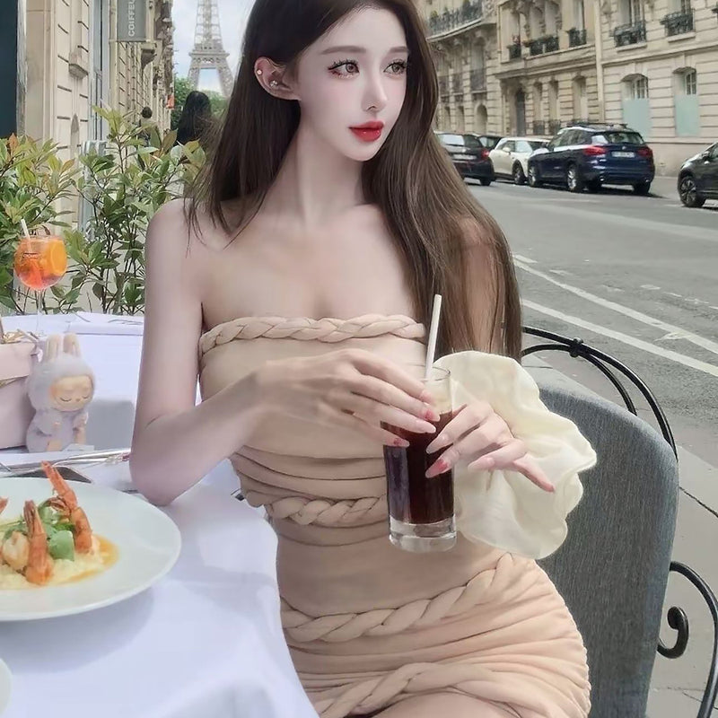 Pure Desire Style Sexy Hot Girl Strapless Dress Slimming Hot Girl Braided Edge Wrapped Chest Slim Waist Bodycon Dress Summer