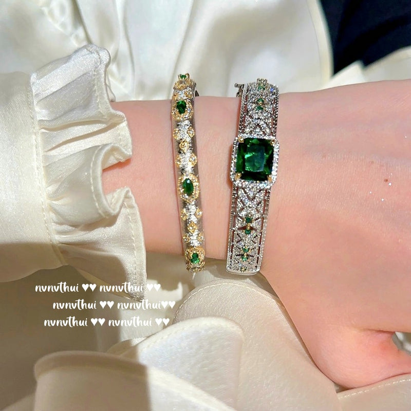 Textured Carved Gold Peacock Green Firework Zircon Bracelet Antique Feel 18K Gold Plated Honeycomb Emerald Zircon Bracelet