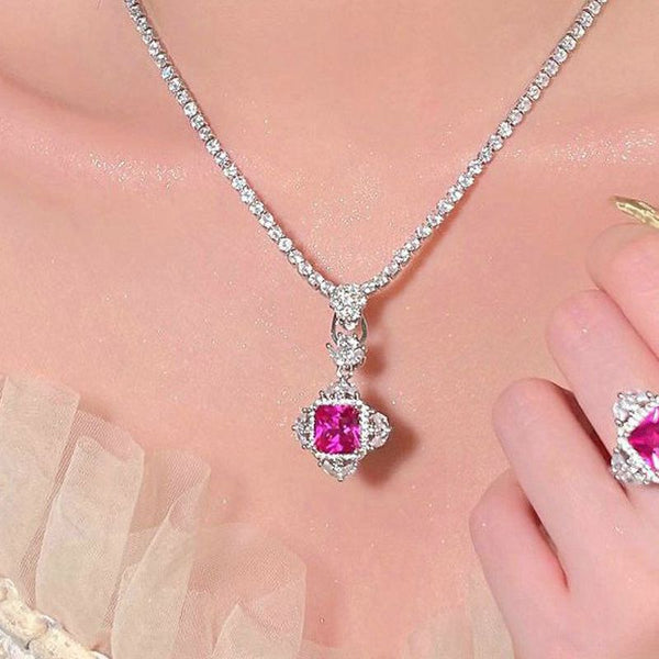 Princess pink diamond noble daughter style court retro temperament colored treasure necklace set luxury flower opal necklace