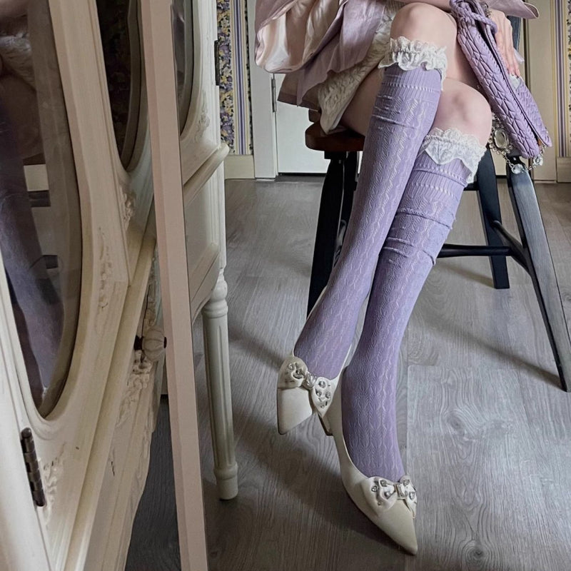 Summer Thin Lace Trim Sexy Long Tube Socks Floral Hollow Breathable Hot Girl Thigh High Versatile Over-the-Knee Slouch Socks