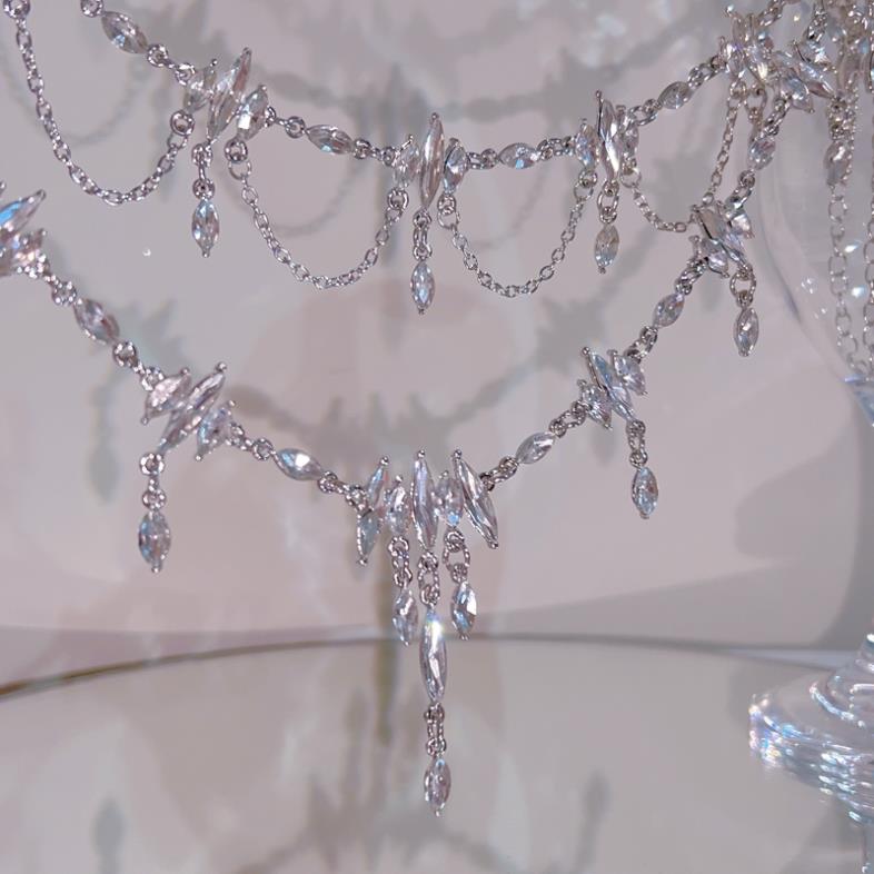 Qingshui Lingzi - Super Fairy Temperament Niche Full Diamond Tassel Design Sense Choker Necklace Party Dress Accessories for Women