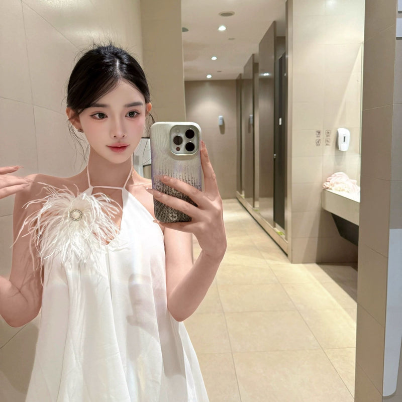 Pure Desire Sexy Hot Girl Feather Strap Dress Summer Beach Vacation Slimming Beach Elegant Noble Lady Bodycon Short Dress