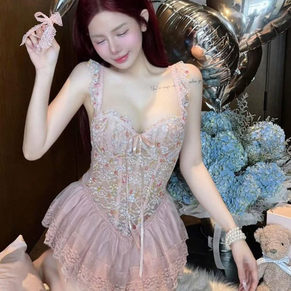 Pure Desire Style Sexy Hot Girl Floral Print Sweet Fishbone Bra with Chest Pads Slimming Gathered Sexy Short Dress Nightdress