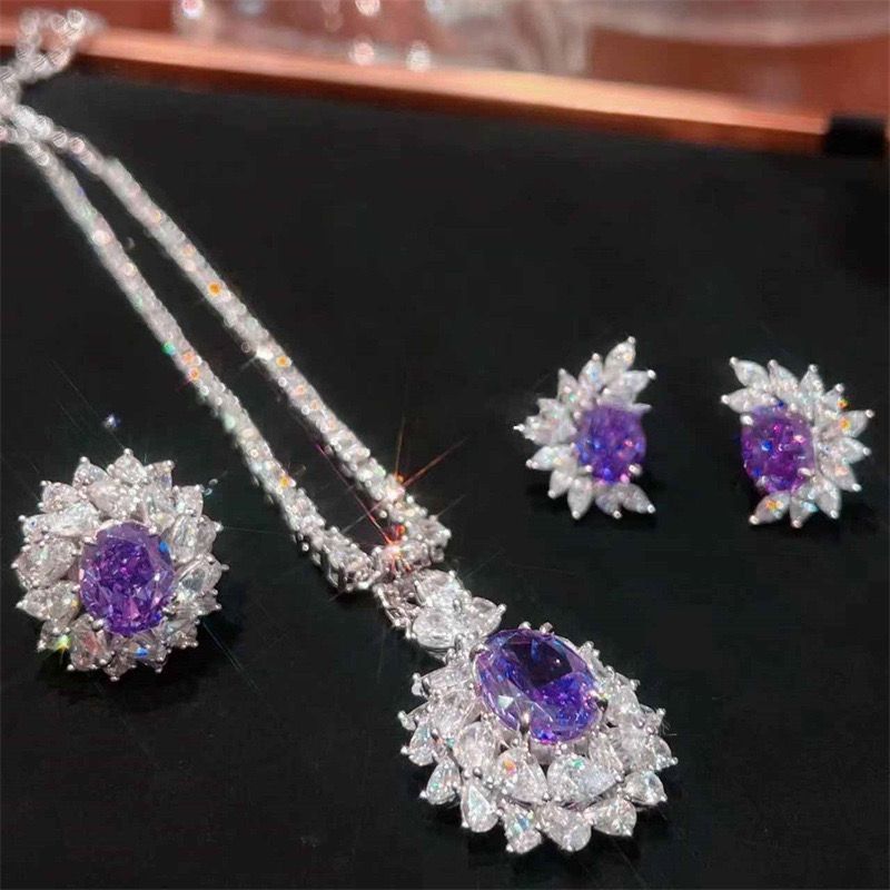 Premium purple three-piece jewelry stud earrings necklace ring ins luxury versatile luxury gold style necklace