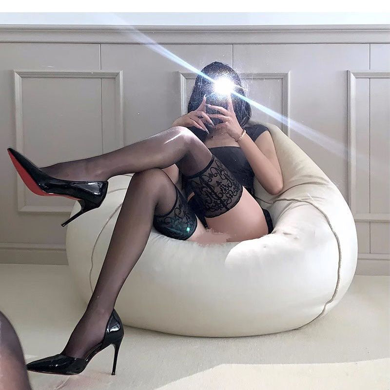 Sexy Mature Style Gray Lace Trim Silicone Non-Slip High Tube Socks Thin Glossy Over-the-Knee Slimming Thigh Stockings