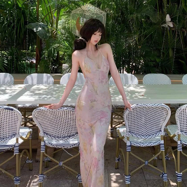 Pure Desire Style Sexy Hot Girl Floral Strap Dress Women Summer Vacation Slim Beach Backless Butterfly Bodycon Long Dress