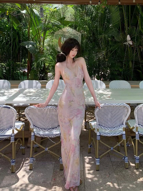 Pure Desire Style Sexy Hot Girl Floral Strap Dress Women Summer Vacation Slim Beach Backless Butterfly Bodycon Long Dress