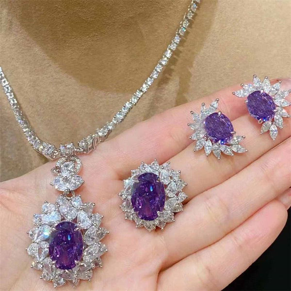 Premium purple three-piece jewelry stud earrings necklace ring ins luxury versatile luxury gold style necklace