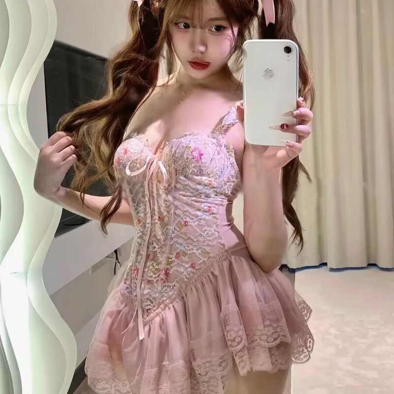 Pure Desire Style Sexy Hot Girl Floral Print Sweet Fishbone Bra with Chest Pads Slimming Gathered Sexy Short Dress Nightdress