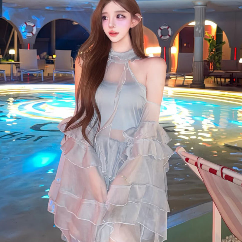 Pure Desire Style Sexy Hot Girl Halter Neck Off-Shoulder Dress for Women Summer Beach Vacation Blue Hollow Out Backless Dress