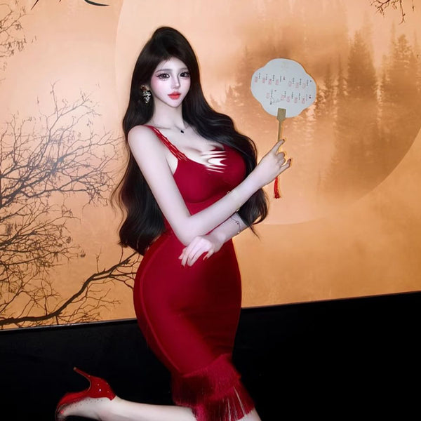 Pure Desire Style Sexy Hot Girl Red Low-Cut Strap Bodycon Midi Dress Bandage Hem Tassel Slim Fit Dress for Women