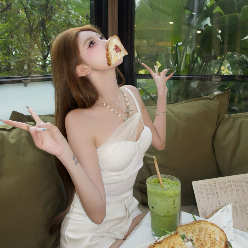 Pure Desire Style Sexy Hot Girl White Mesh Patchwork Sexy Strapless Off-Shoulder Vest with Chest Pad Short Top for Summer
