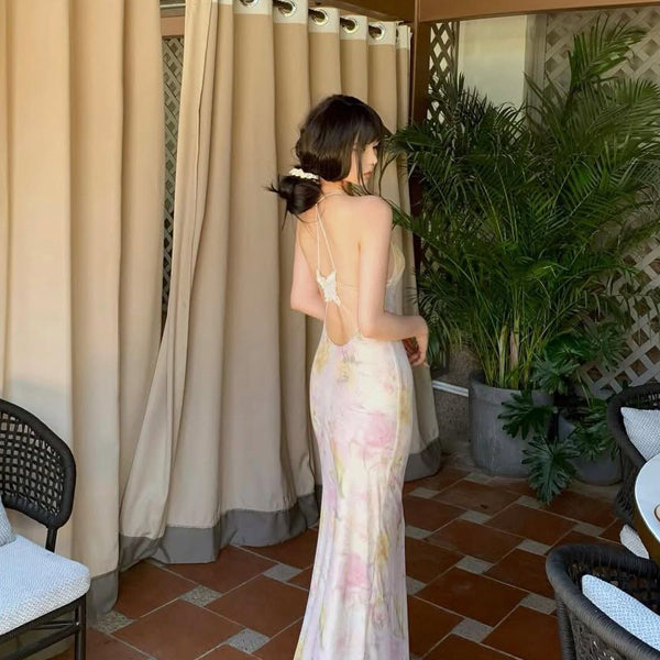 Pure Desire Style Sexy Hot Girl Floral Strap Dress Women Summer Vacation Slim Beach Backless Butterfly Bodycon Long Dress