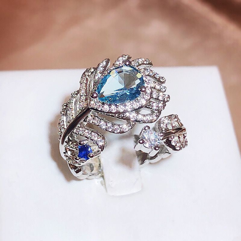 Blue feather ring, open zircon adjustment fading, high-end niche design, light luxury retro high-value ring.