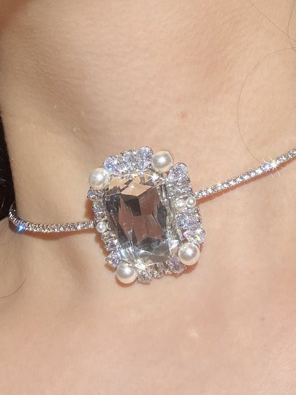 Choker Flash Diamond Necklace Square Diamond Design Sense Niche Neck Chain Wedding Dress Accessories Nightclub Disco Choker