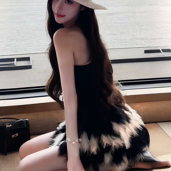 Pure Desire Style Sexy Hot Girl Black Low-Cut Tube Top Dress Summer Slimming Bodycon Furry Color Block Fashion Short Dress