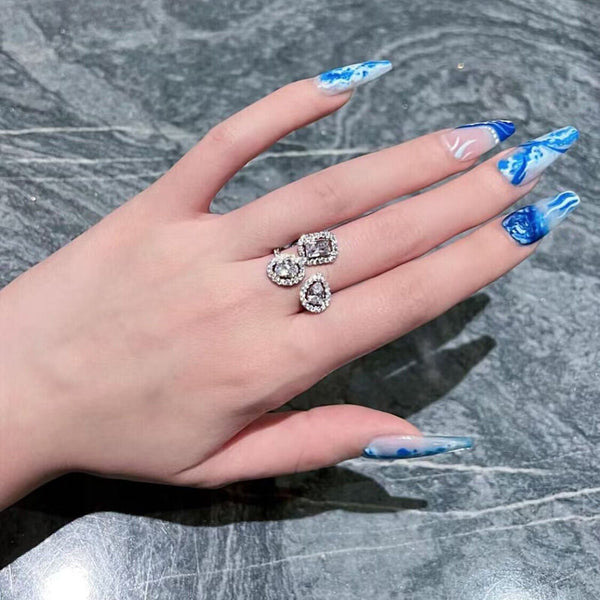 Celebrity Korean version niche light luxury rhinestone ring light luxury ins water drop ring niche personality design open ring