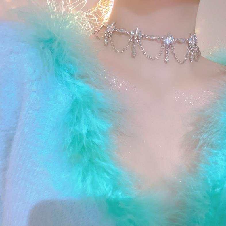 Qingshui Lingzi - Super Fairy Temperament Niche Full Diamond Tassel Design Sense Choker Necklace Party Dress Accessories for Women