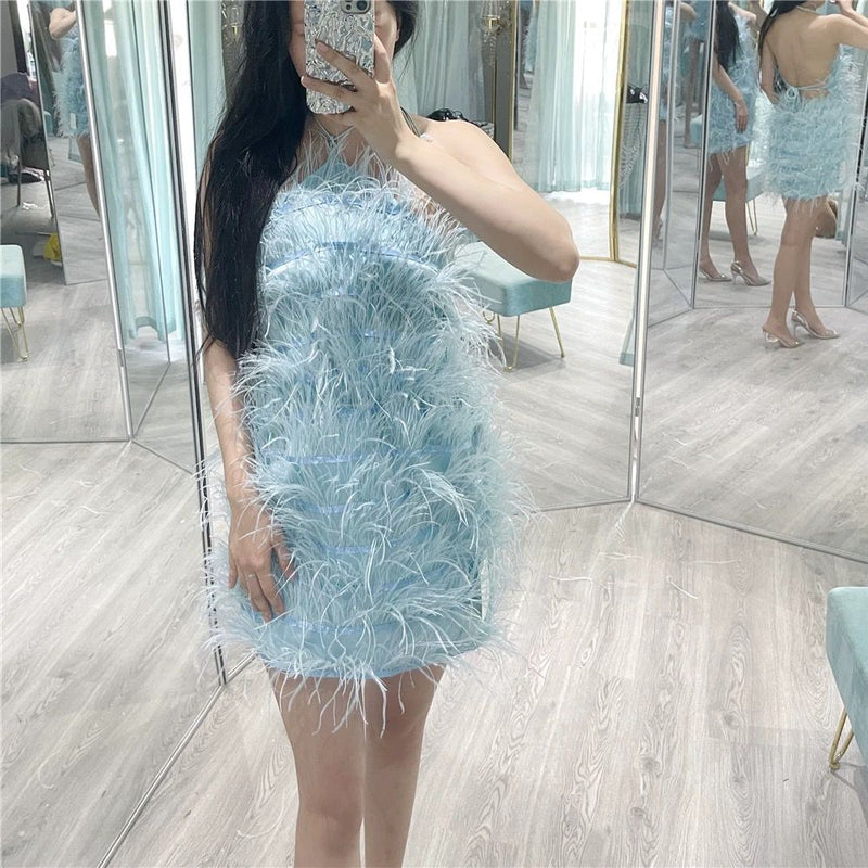 Sexy hot girl tassel hanging neck backless dress multi-layer short skirt dress for women