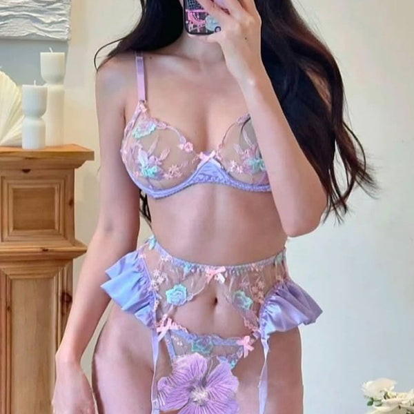 Pure Desire Style Sexy Hot Girl Embroidered Lace Bra Set for Women Summer Beach Vacation Slimming High-end Underwear