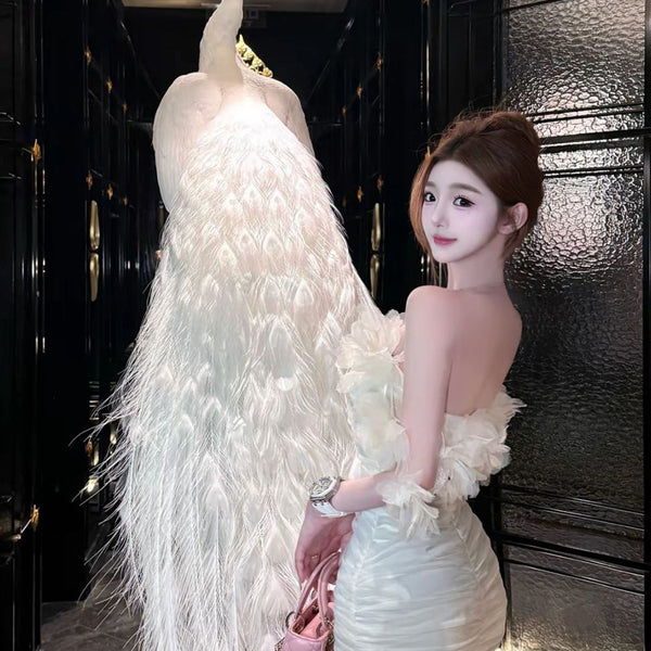 Pure Desire Style Sexy Hot Girl Three-Dimensional Flower Off-Shoulder Dress Women Summer Crop Top Slim Fit Bodycon Short Dress Summer